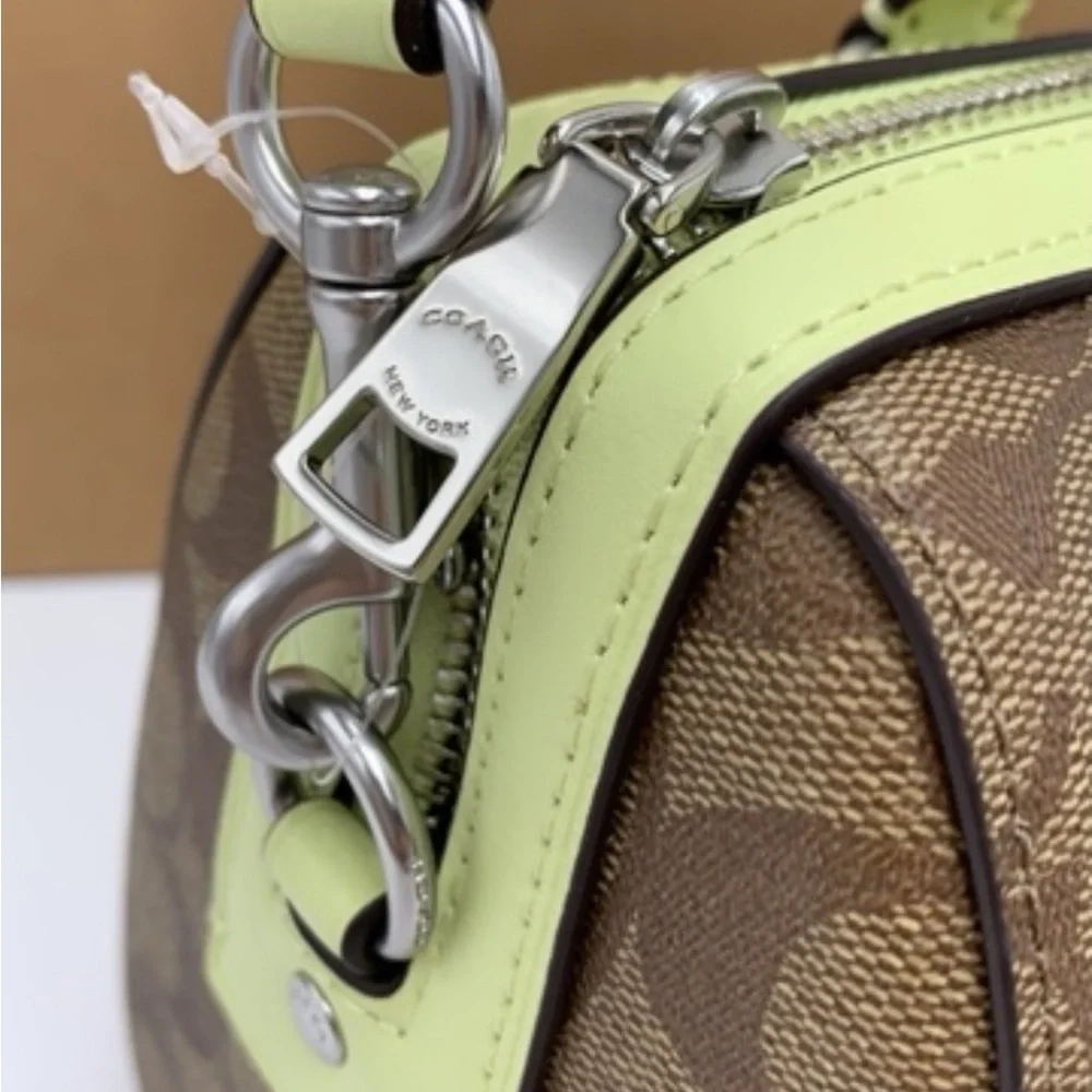 COACH  (83607) Rowan Khaki/Pale Lime Signature Medium Satchel Crossbody Handbag - Picture 12 of 16